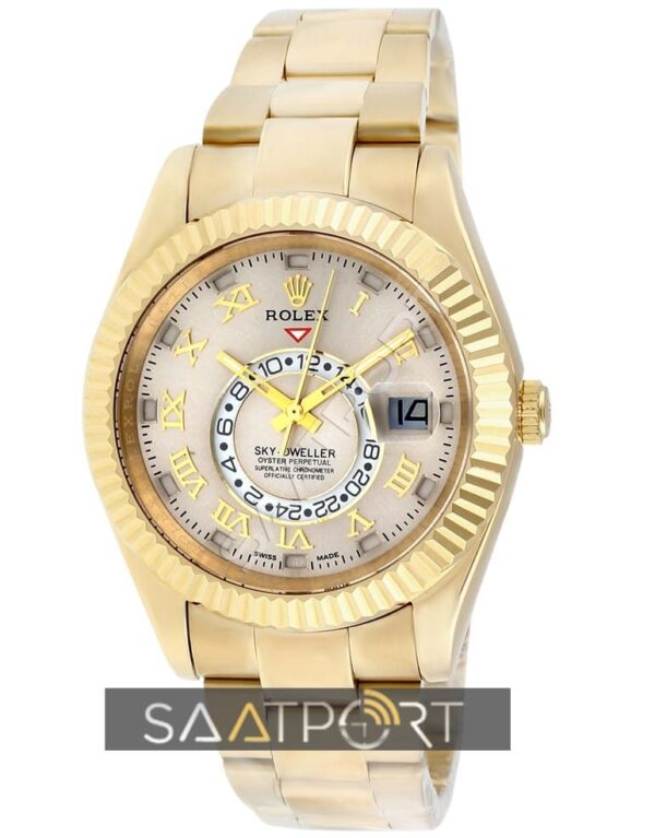 Rolex Sky Dweller Silver Dial 18 Carat Yellow Gold Oyster replika saat eta saat eta mekanizma (1)