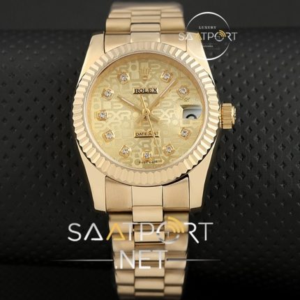 Replika Rolex Bayan Saat Full Gold Kasa ve Taşlı Kadran