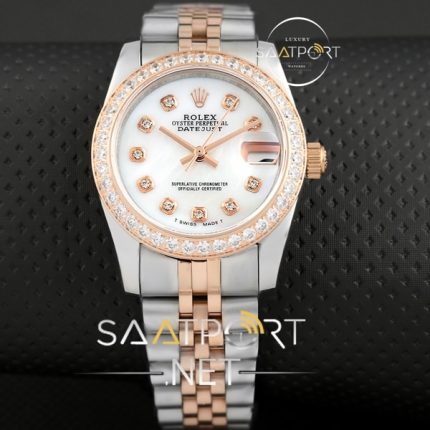 Rolex Date Just beyaz sedef kadran baget taşlı