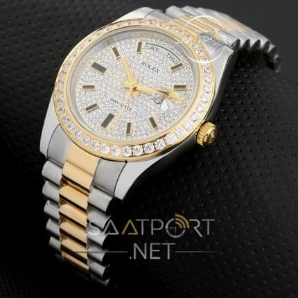 Rolex Day Date Two tone Unisex Taşlı Saat Modeli erkek bayan
