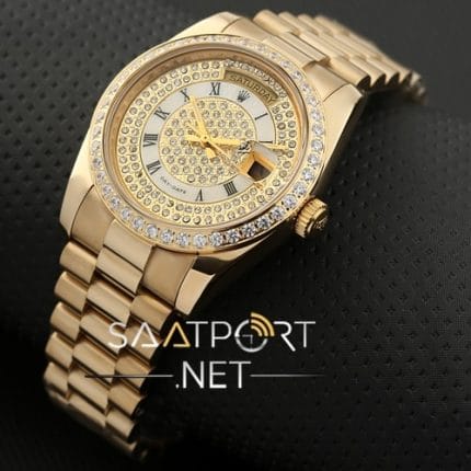 Rolex Taşlı Model Roma rakamlı Gold modeli replika bayan saati