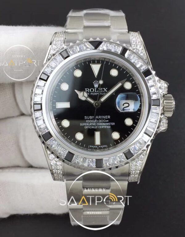 Rolex Submariner White Diamonds Bezel GSF 11 Black Dial on SS Super Clon (1)