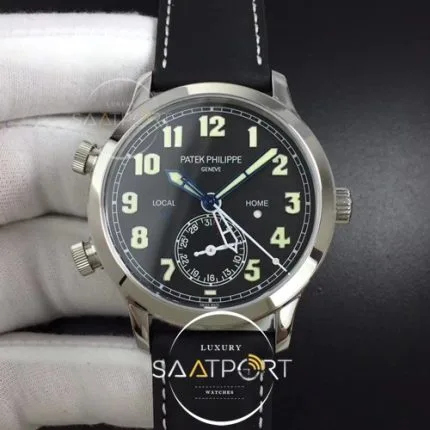 Calatrava 5524G Pilot Travel Time GRF 11 Best Edition Black Dial on Black Leather Strap MIYOTA 9015 (1)