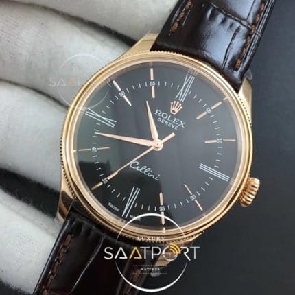 Rolex Cellini Time 50509 RG MKF Best Edition Black Dial Roman Marker on Brown Leather Strap A3132 (3)