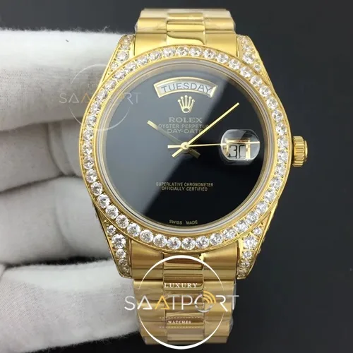 Rolex Day-Date 41 JWF Diamond Bezel Black Dial on Oyster Bracelet Swiss Eta 2836 (1)