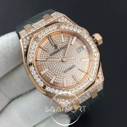 Royal Oak 37mm 15452 RG Full Paved Diamonds JF 11 Best Edition Diamonds Dial on Gray Leather Strap A3120 (2)