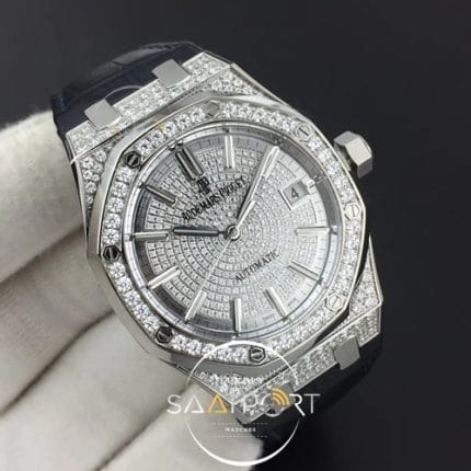 Royal Oak 37mm 15452 SS Full Paved Diamonds JF 11 Best Edition Diamonds Dial on Gray Leather Strap A3120 (2)