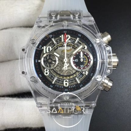 Hublot Big Bang Unico Magic Sapphire 45mm HB Maker Best Edition Black Skeleton Dial on Transparent Rubber Str (1)