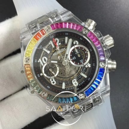 Big Bang Unico Magic Sapphire 45mm OXF Best Edition Rainbow Crystal Bezel Black Dial on White Rubb