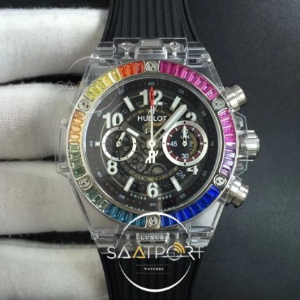 Hublot Big Bang Unico Magic Sapphire 45mm OXF Best Edition Rainbow Crystal Bezel White Dial on Black Rubber Strap A1242