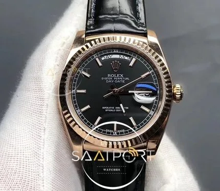 Rolex Day-Date 36 mm Siyah Kadran 904L Kasa Deri Kordon ETA