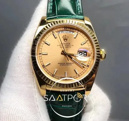 Rolex Yellow Gold 36mm Day-Date Green Leather Strap 118138 Swiss Clone ETA