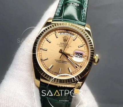 Rolex 18K Yellow Gold 36mm Day-Date green Leather Strap – 18038 (4)