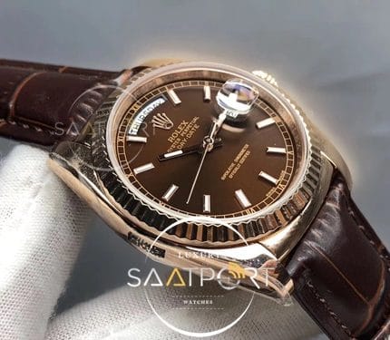 Rolex Day-Date 36 mm kahve Kadran Deri Kordon Eta Saat (8)