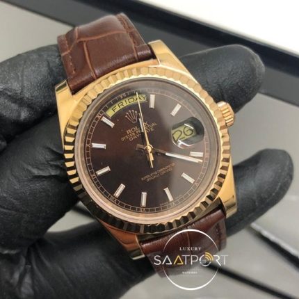 Rolex Saat Day Date Kahve Kadran Otomatik Mekanizma Tırtıklı Bezel Deri Kordon