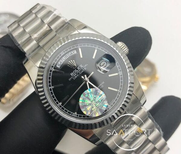 Rolex Saat Day Date Siyah Kadran Otomatik Mekanizma Tırtıklı Bezel Çelik Kasa