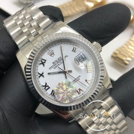 Rolex Saat DateJust Roma Rakamlı Beyaz Kadran Tırtıklı Bezel Otomatik Mekanizma