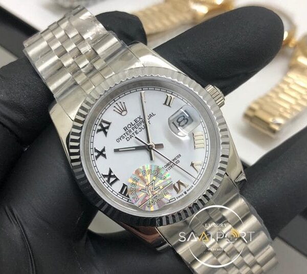 Rolex Saat DateJust Roma Rakamlı Beyaz Kadran Tırtıklı Bezel Otomatik Mekanizma