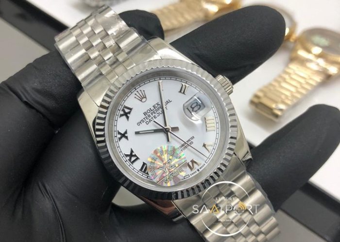 Rolex Saat DateJust Roma Rakamlı Beyaz Kadran Tırtıklı Bezel Otomatik Mekanizma