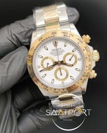 Rolex Saat Otomatik Daytona Beyaz Kadran Gold Bezel Çelik Kordon
