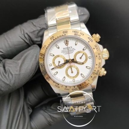 Rolex Saat Otomatik Daytona Beyaz Kadran Gold Bezel Çelik Kordon