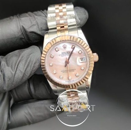 Rolex Datejust Taşlı Pembe Kadran Tırtıklı Bezel Jubile Kordon Otomatik Mekanizma