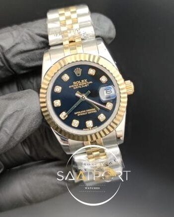 Rolex Datejust Taşlı Siyah Kadran Tırtıklı Gold Bezel Jubile Kordon Otomatik Mekanizma