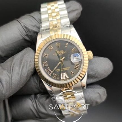 Rolex Datejust Roma Rakamlı Taşlı Siyah Kadran Tırtıklı Bezel Otomatik Mekanizma