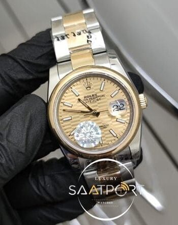 Rolex Datejust Desenli Gold Kadran Paslanmaz Çelik Bezel Ve Kordon