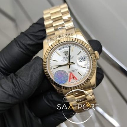 Rolex Day Date Beyaz Kadran Gold Kasa Tırtıklı Bezel Otomatik Mekanizma