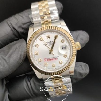 Rolex Saat DateJust Taşlı Beyaz Kadran Tırtıklı Gold Bezel Otomatik Mekanizma