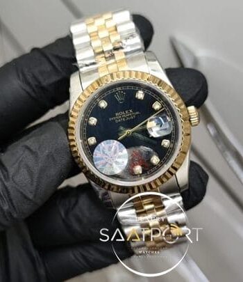 Rolex Saat DateJust Taşlı Siyah Kadran Tırtıklı Gold Bezel Otomatik Mekanizma