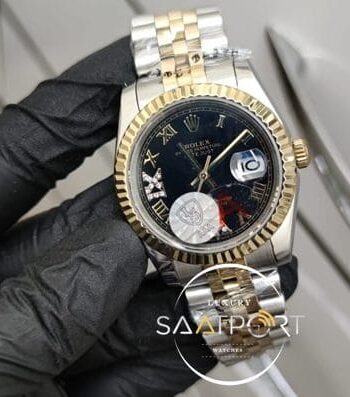 Rolex Saat Otomatik DateJust Roma Rakamlı Taşlı Siyah Kadran Jubile Kordon