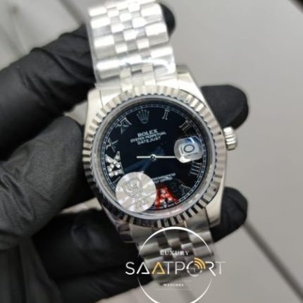 Rolex Saat DateJust Roma Rakamlı Taşlı Siyah Kadran Çelik Jubile Kordon