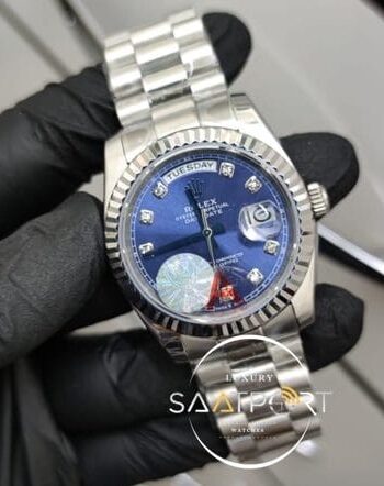 Rolex Day Date Taşlı Mavi Kadran Çelik Tırtıklı Bezel Otomatik Mekanizma