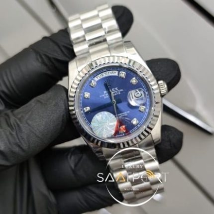 Rolex Day Date Taşlı Mavi Kadran Çelik Tırtıklı Bezel Otomatik Mekanizma