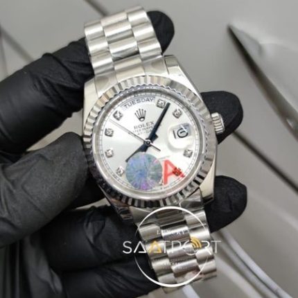 Rolex Day Date Taşlı Beyaz Kadran Çelik Tırtıklı Bezel Otomatik Mekanizma