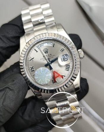 Rolex Day Date Roma Rakamlı Gri Kadran Çelik Tırtıklı Bezel Otomatik Mekanizma