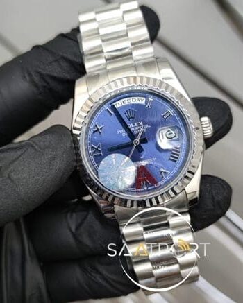 Rolex Saat Day Date Roma Rakamlı Mavi Kadran Tırtıklı Bezel Otomatik Mekanizma