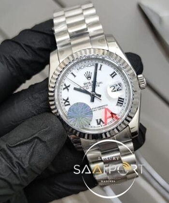 Rolex Saat Day Date Otomatik Beyaz Kadran Roma Rakamlı Tırtıklı Bezel