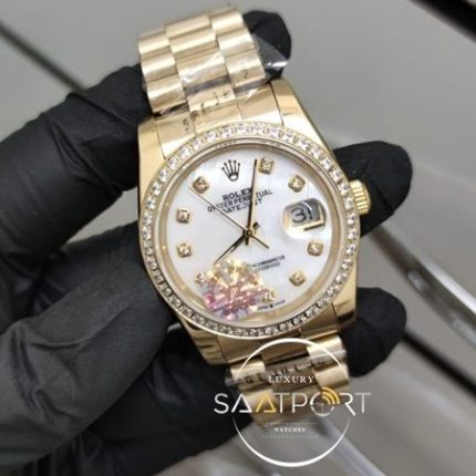 Rolex Saat DateJust Taşlı Kadran Gold Kasa Taşlı Bezel Otomatik Mekanizma