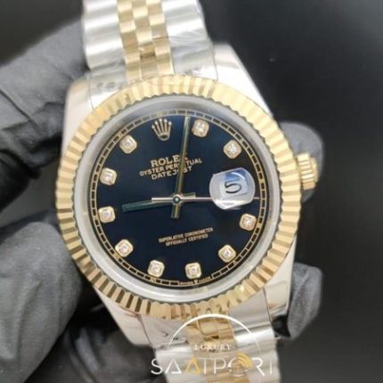 Rolex Saat Datejust Taşlı Siyah Kadran Otomatik Mekanizma Tırtıklı Gold Bezel