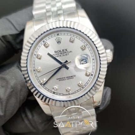 Rolex Saat Datejust Taşlı Gri Kadran Otomatik Mekanizma Tırtıklı Çelik Bezel