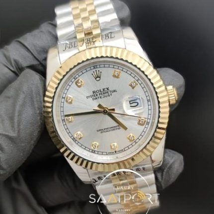 Rolex Saat Datejust Baget Taşlı Gri Kadran Tırtıklı Gold Bezel