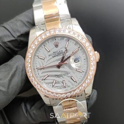 Rolex Saat Datejust Desenli Gri Kadran Taşlı Bezel Çelik Gold Kordon