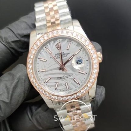 Rolex Saat Datejust Taşlı Bezel Desenli Gri Kadran Otomatik Jubile Kordon