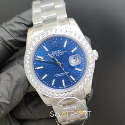 Rolex Saat Datejust Taşlı Bezel Desenli Mavi Kadran Otomatik Mekanizma