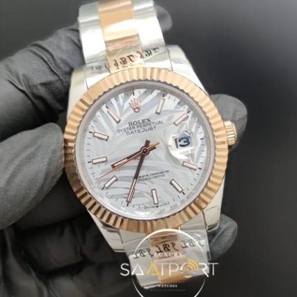 Rolex Saat Datejust 41mm Desenli Gri Kadran Tırtıklı Gold Çelik Bezel