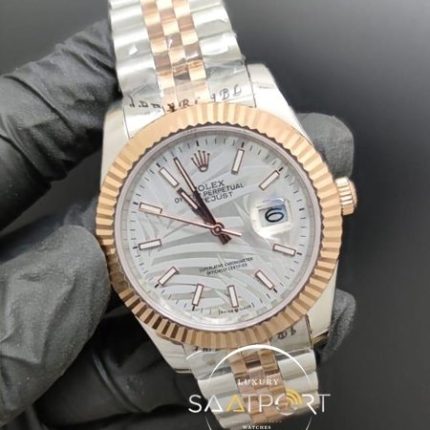 Rolex Saat Datejust 41mm Desenli Gri Kadran Tırtıklı Gold Bezel