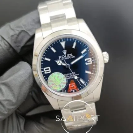 Rolex Saat Oyster Perpetual Explorer Siyah Kadran Düz Çelik Bezel